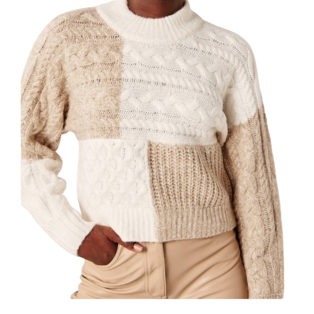 Abercrombie & Fitch Patchwork Cable Knit Sweater Womens Small Tan White